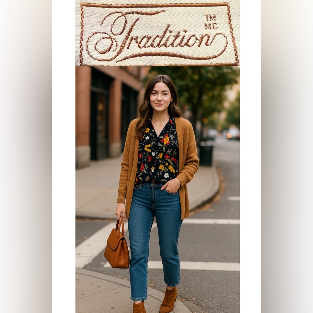 Vintage “Tradition” Floral on Black Button down blouse